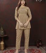 Light coffee handwork cotton co-ord set with two pocket