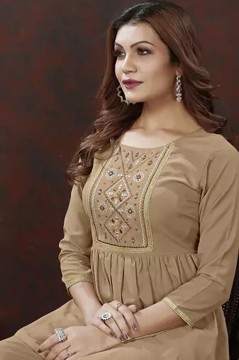 Light coffee handwork cotton co-ord set with two pocket