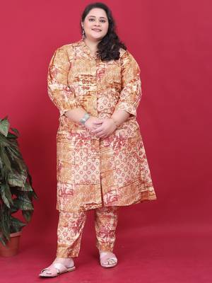 Orange printed riyon co-ord set with two pockets 1