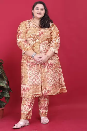 Orange printed riyon co-ord set with two pockets