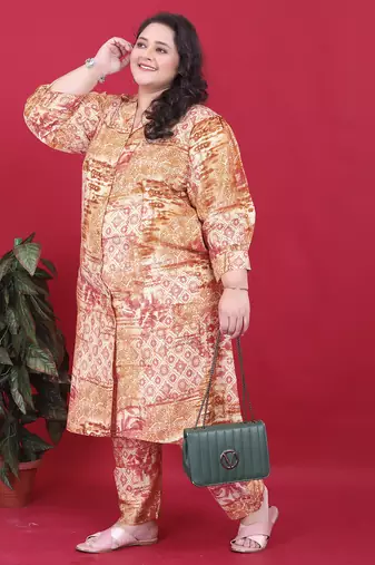 Orange printed riyon co-ord set with two pockets