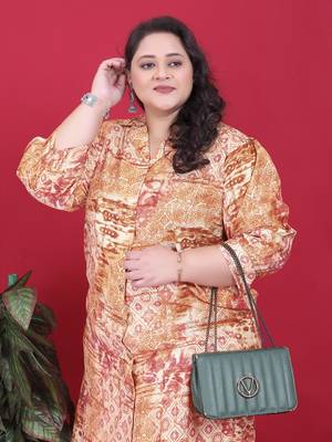 Orange printed riyon co-ord set with two pockets 3