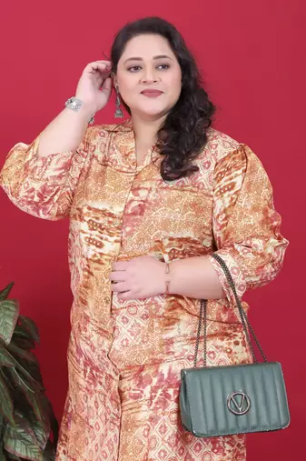 Orange printed riyon co-ord set with two pockets