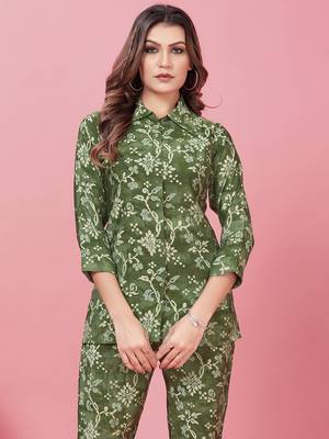 Green printed chanderi co-ord set with pocket 2