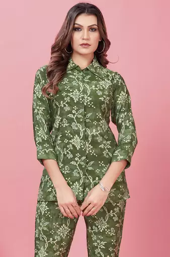 Green printed chanderi co-ord set with pocket