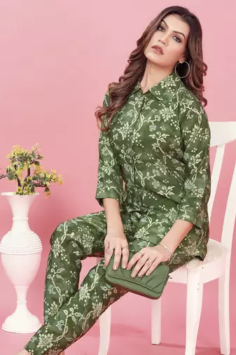 Green printed chanderi co-ord set with pocket