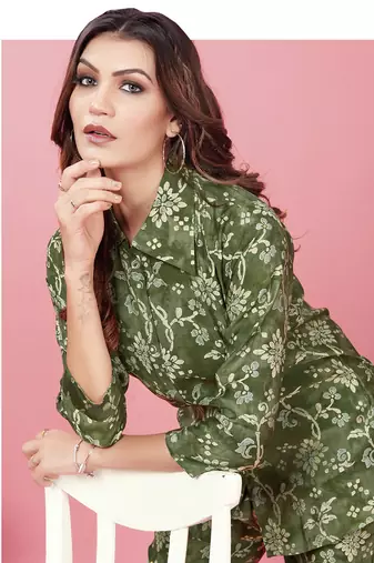 Green printed chanderi co-ord set with pocket