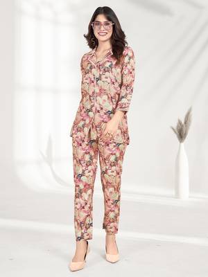 Green printed rayon co-ord set with pocket 1