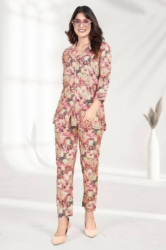 Green printed rayon co-ord set with pocket