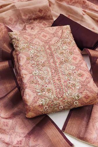 peach cotton silk hand work unstitched dress material