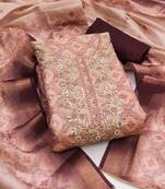 peach cotton silk hand work unstitched dress material