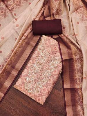 peach cotton silk hand work unstitched dress material 3