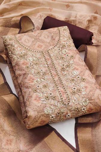 brown cotton silk hand work unstitched dress material
