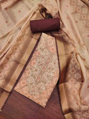 brown cotton silk hand work unstitched dress material 3