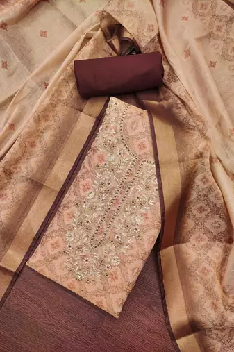 brown cotton silk hand work unstitched dress material