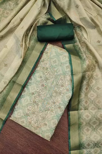 pista cotton silk hand work unstitched dress material