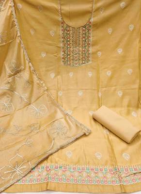 yellow roman hand work unstitched dress material 2
