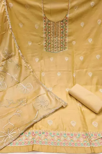yellow roman hand work unstitched dress material