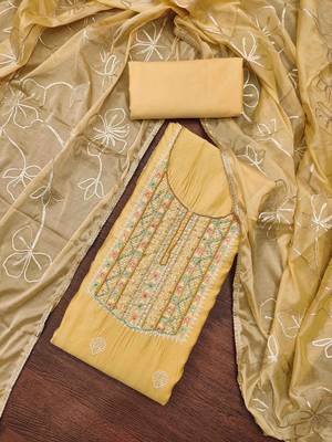 yellow roman hand work unstitched dress material 3
