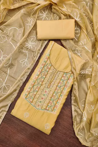 yellow roman hand work unstitched dress material
