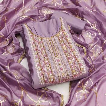 lavender roman hand work unstitched dress material 1