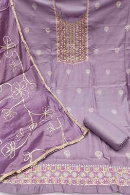 lavender roman hand work unstitched dress material 2