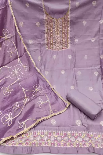 lavender roman hand work unstitched dress material
