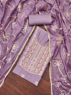 lavender roman hand work unstitched dress material 3