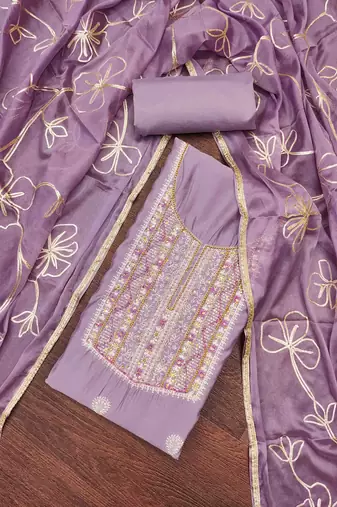 lavender roman hand work unstitched dress material