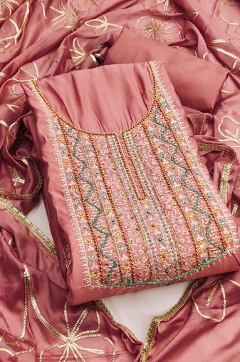peach roman hand work unstitched dress material