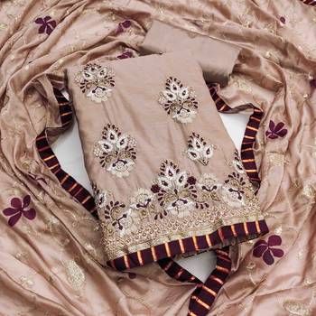brown chanderi embroidered unstitched dress material 1