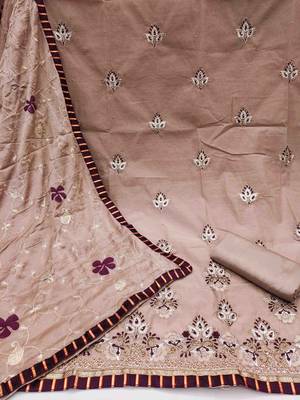 brown chanderi embroidered unstitched dress material 2
