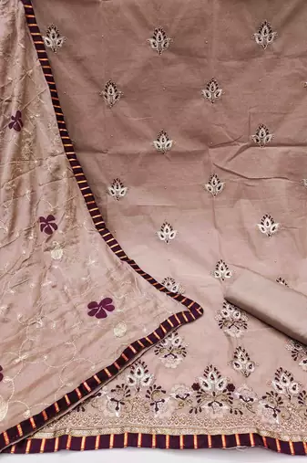 brown chanderi embroidered unstitched dress material