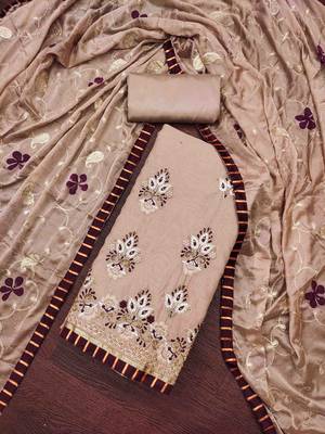 brown chanderi embroidered unstitched dress material 3