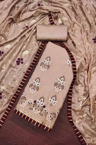 brown chanderi embroidered unstitched dress material