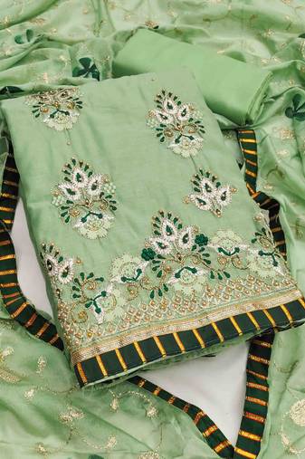 mint chanderi embroidered unstitched dress material
