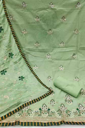 mint chanderi embroidered unstitched dress material