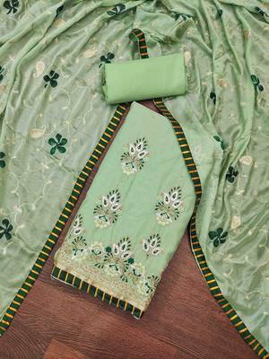 mint chanderi embroidered unstitched dress material 3