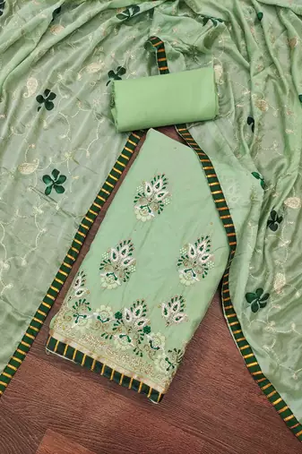 mint chanderi embroidered unstitched dress material