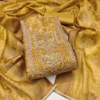 mustard cotton silk hand work unstitched dress material 1