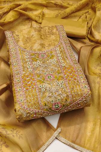 mustard cotton silk hand work unstitched dress material