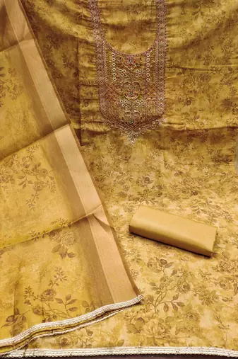 mustard cotton silk hand work unstitched dress material