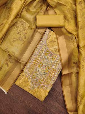 mustard cotton silk hand work unstitched dress material 3
