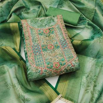 green cotton silk hand work unstitched dress material 1