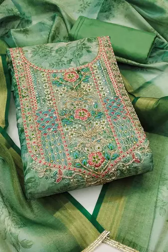 green cotton silk hand work unstitched dress material