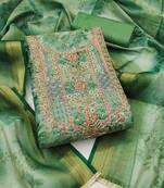 green cotton silk hand work unstitched dress material