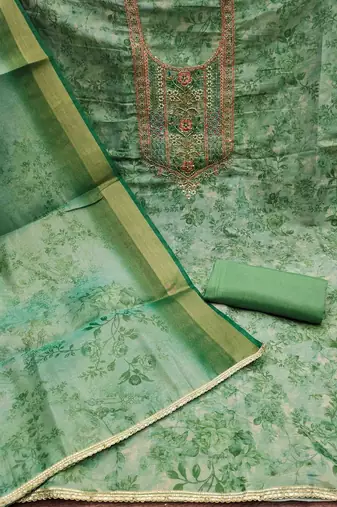 green cotton silk hand work unstitched dress material