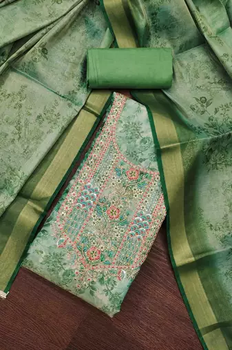green cotton silk hand work unstitched dress material
