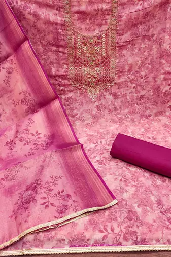 magenta cotton silk hand work unstitched dress material
