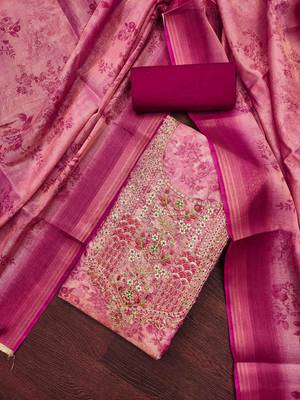 magenta cotton silk hand work unstitched dress material 3